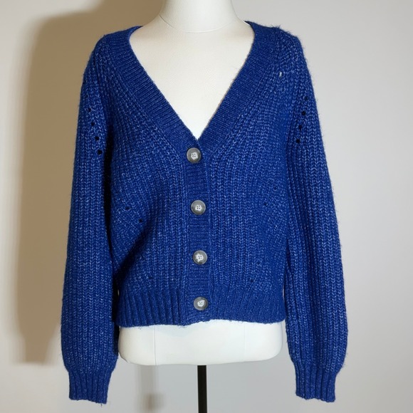 LOFT Sweaters - LOFT Wool Blend Blue V-Neck Button Front Cardigan Sweater Womens Medium Chunky